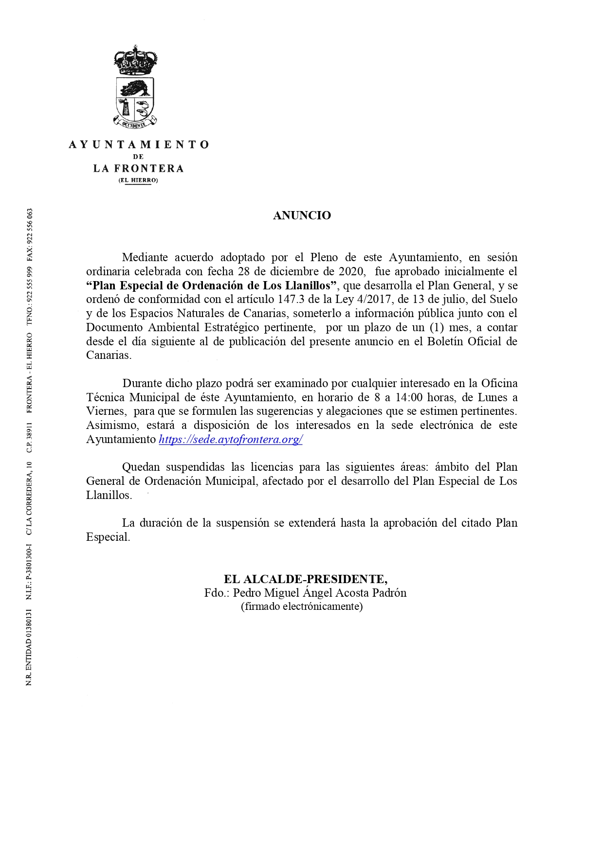 El Ayuntamiento abre el periodo de alegaciones al Plan  Especial de Ordenación de Los Llanillos